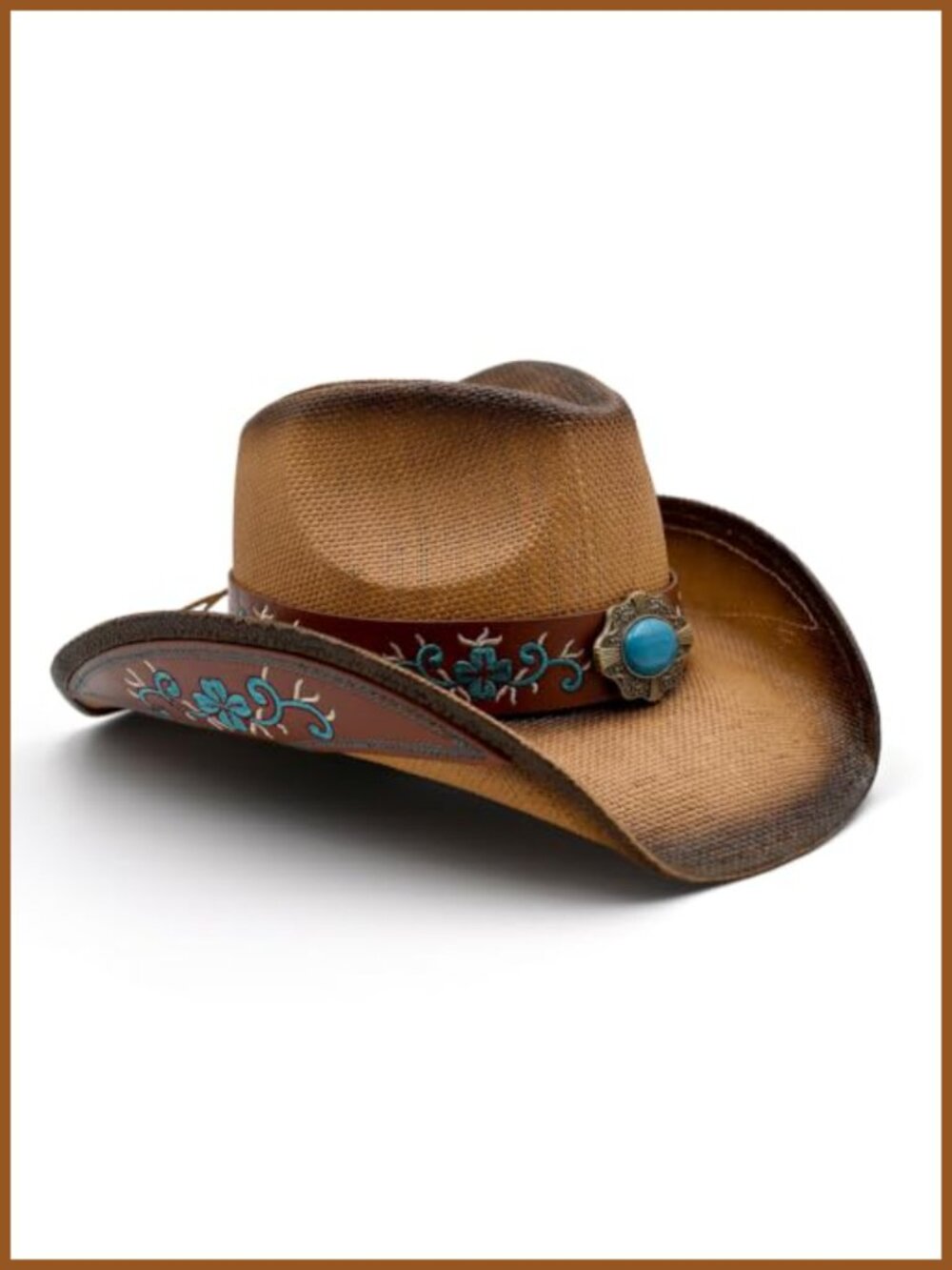 Handmade Woven Straw Cowboy Hat with Faux Leather Turquoise Band